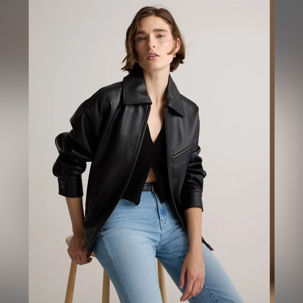 Quince 100% Leather Oversized Bomber Jacket NWOT XS